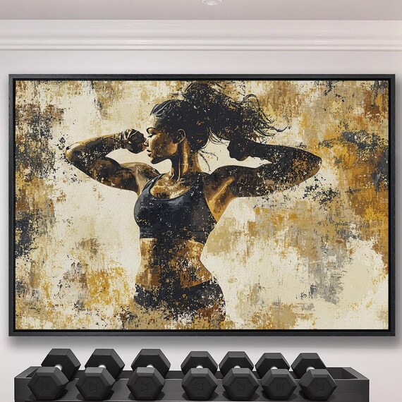 Fit Woman Holding Boxing Stance On Black Gold Abstract Poster