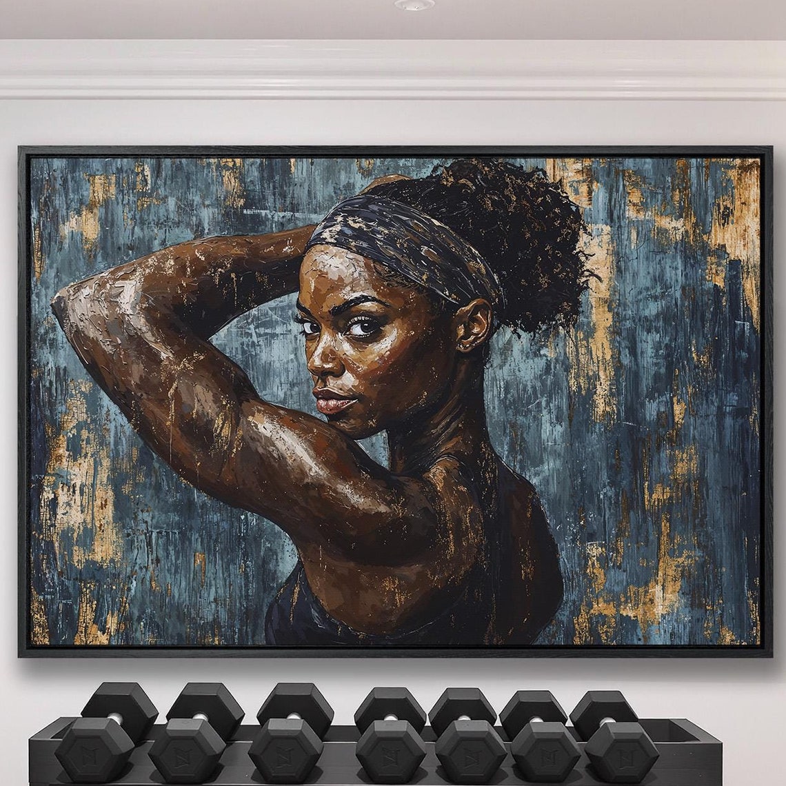 Black Athletic Woman Posing With Arm Raised On Deep Blue Poster