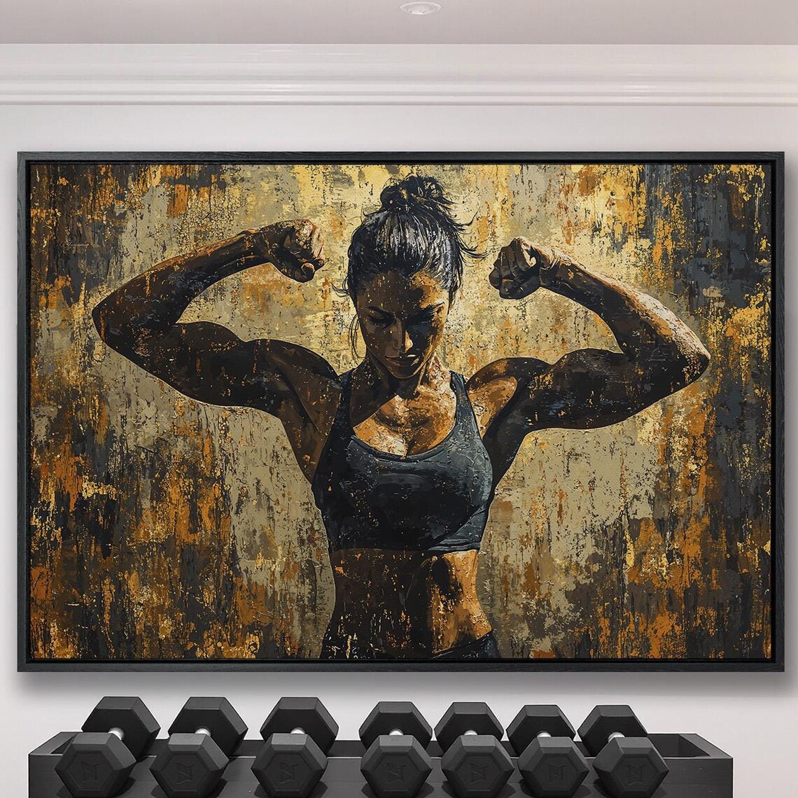 Strong Woman Flexing Biceps On Golden Textured Background Gym Poster