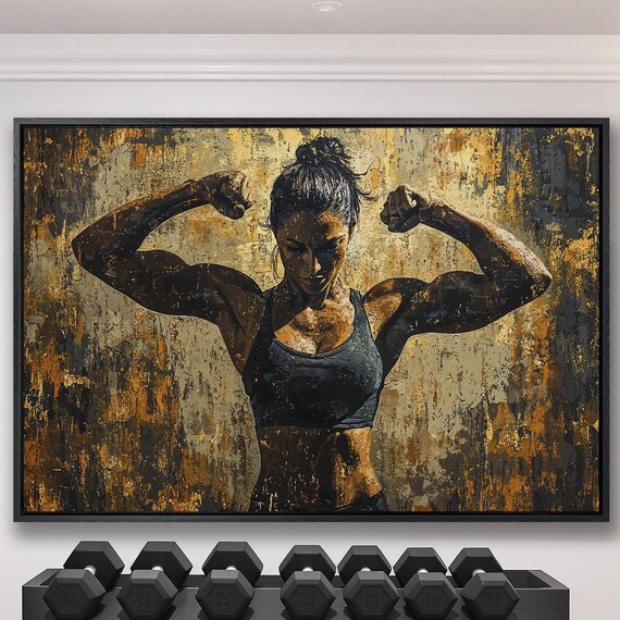 Strong Woman Flexing Biceps On Golden Textured Background Gym Poster