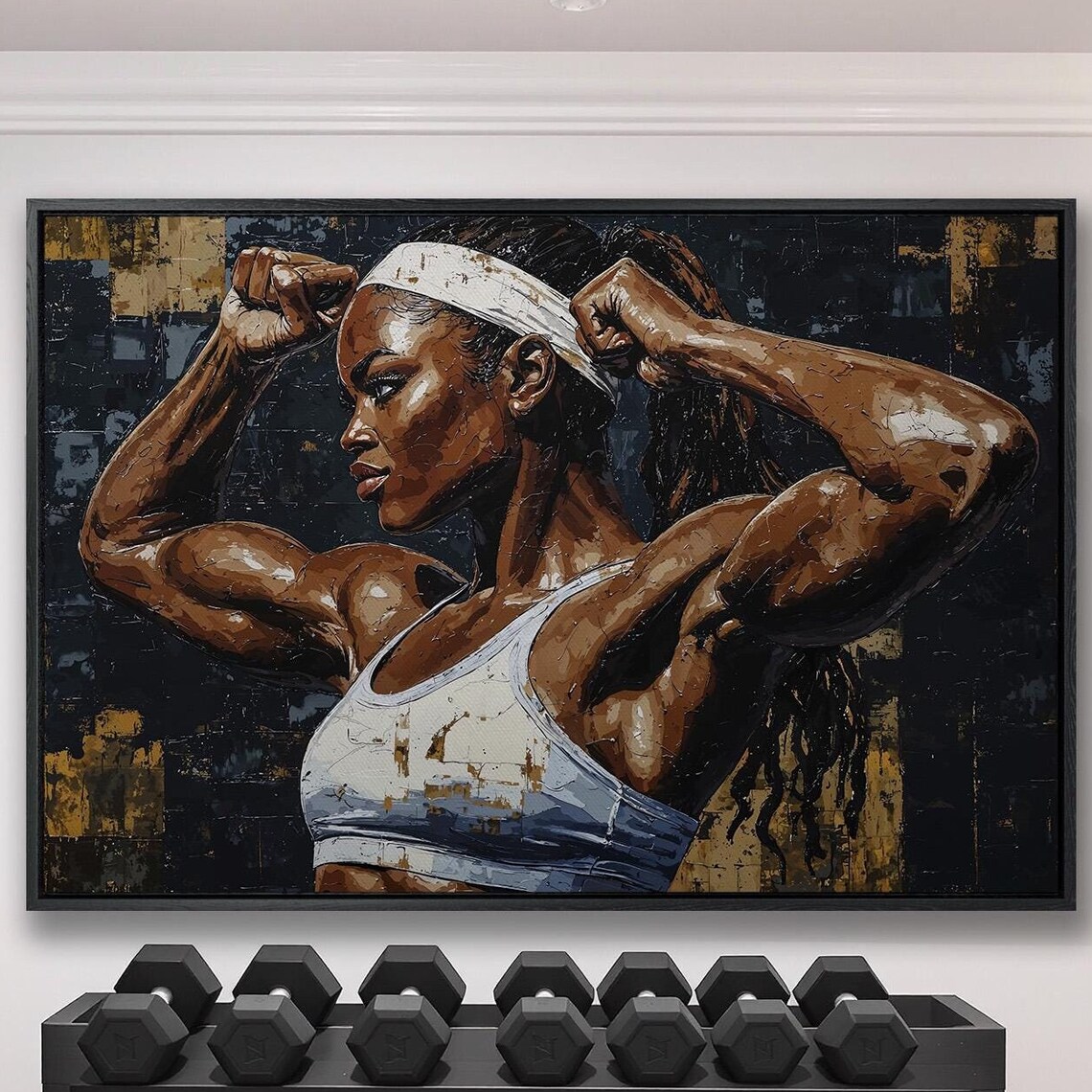 Powerful Woman Flexing with White Headband Dark Gold Fitness Poster