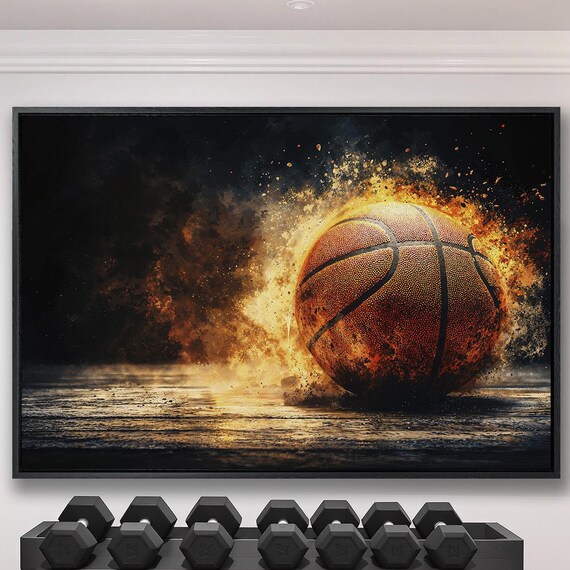 Basketball Exploding In Bright Flames And Sparks On Dark Poster