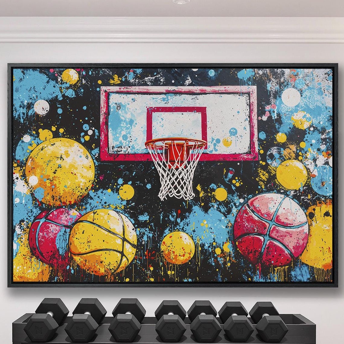 Pop Art Basketball Hoop With Colorful Balls Paint Splatter Poster