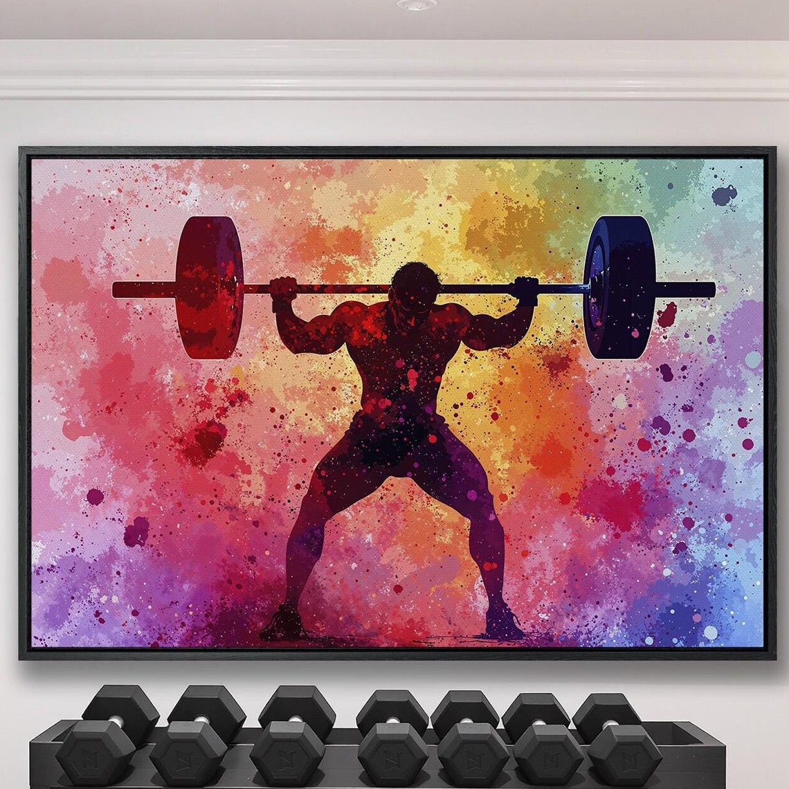 Weightlifter Silhouette Overhead Lift on Colorful Splatter Art Poster