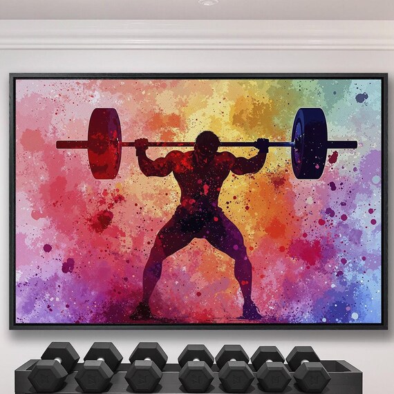 Weightlifter Silhouette Overhead Lift on Colorful Splatter Art Poster