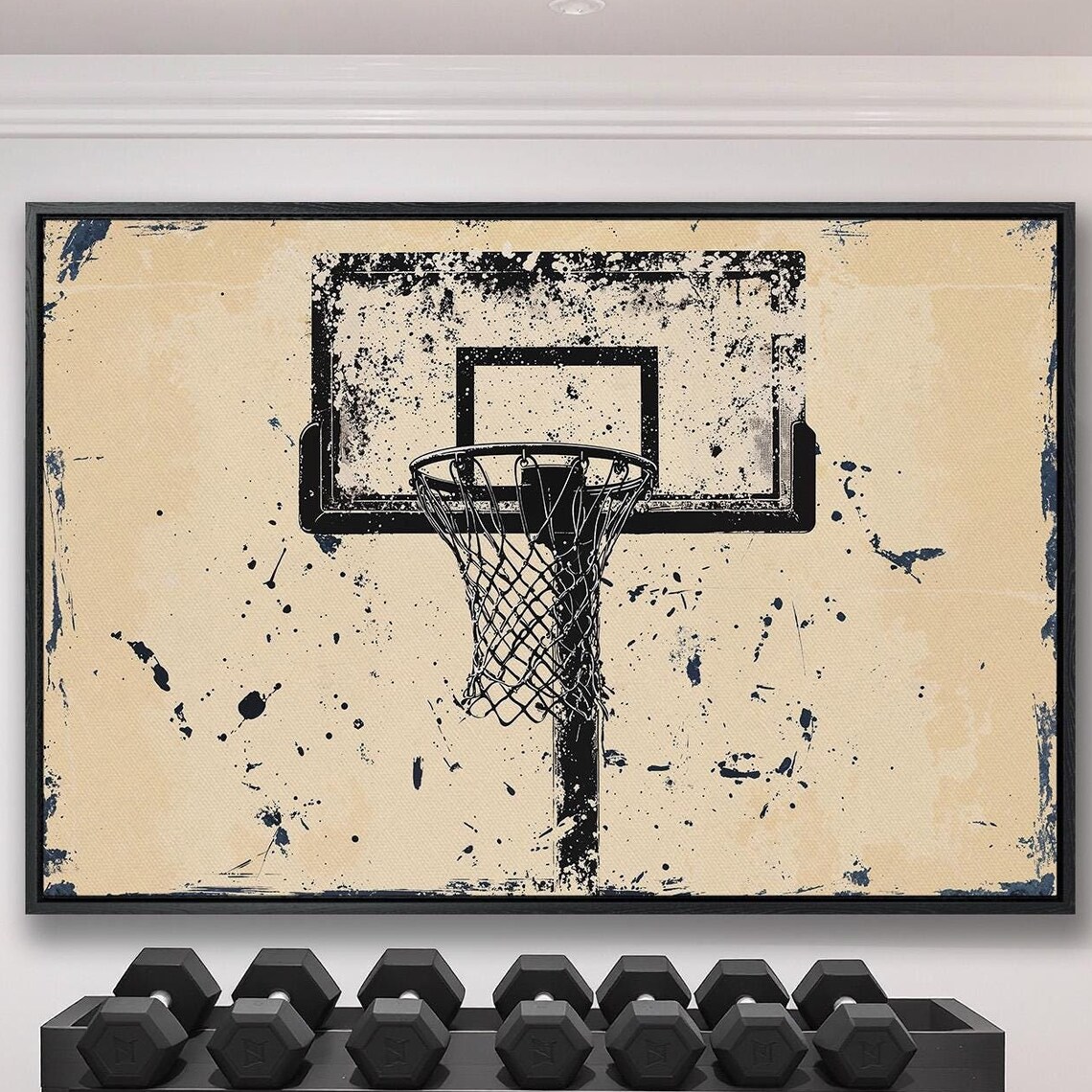 Vintage Basketball Hoop Navy Ink Splatter Retro Sports Art Poster