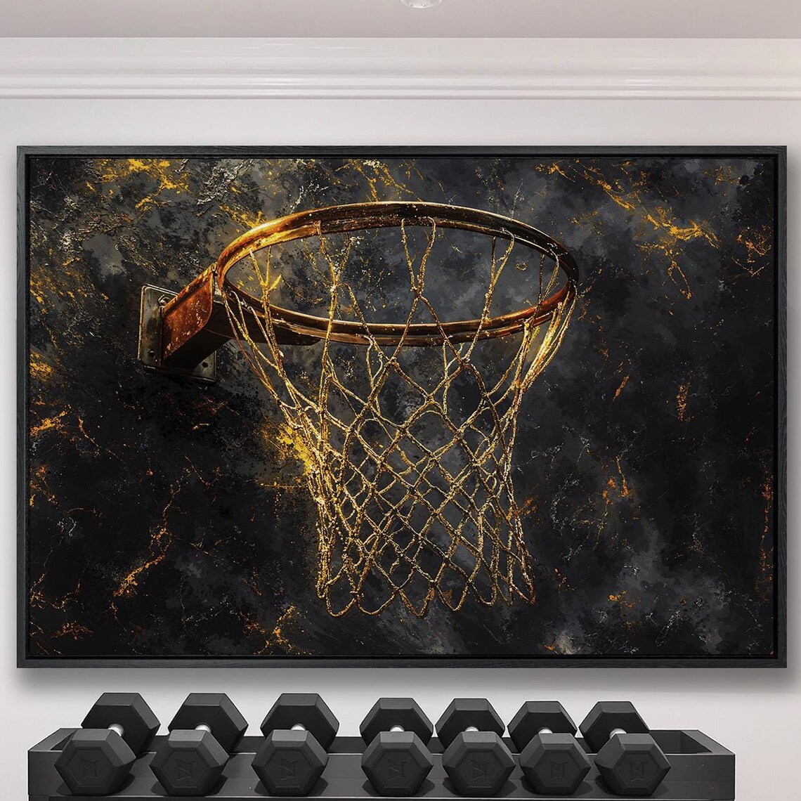 Golden Basketball Hoop on Dramatic Black Marble Luxury Sports Poster