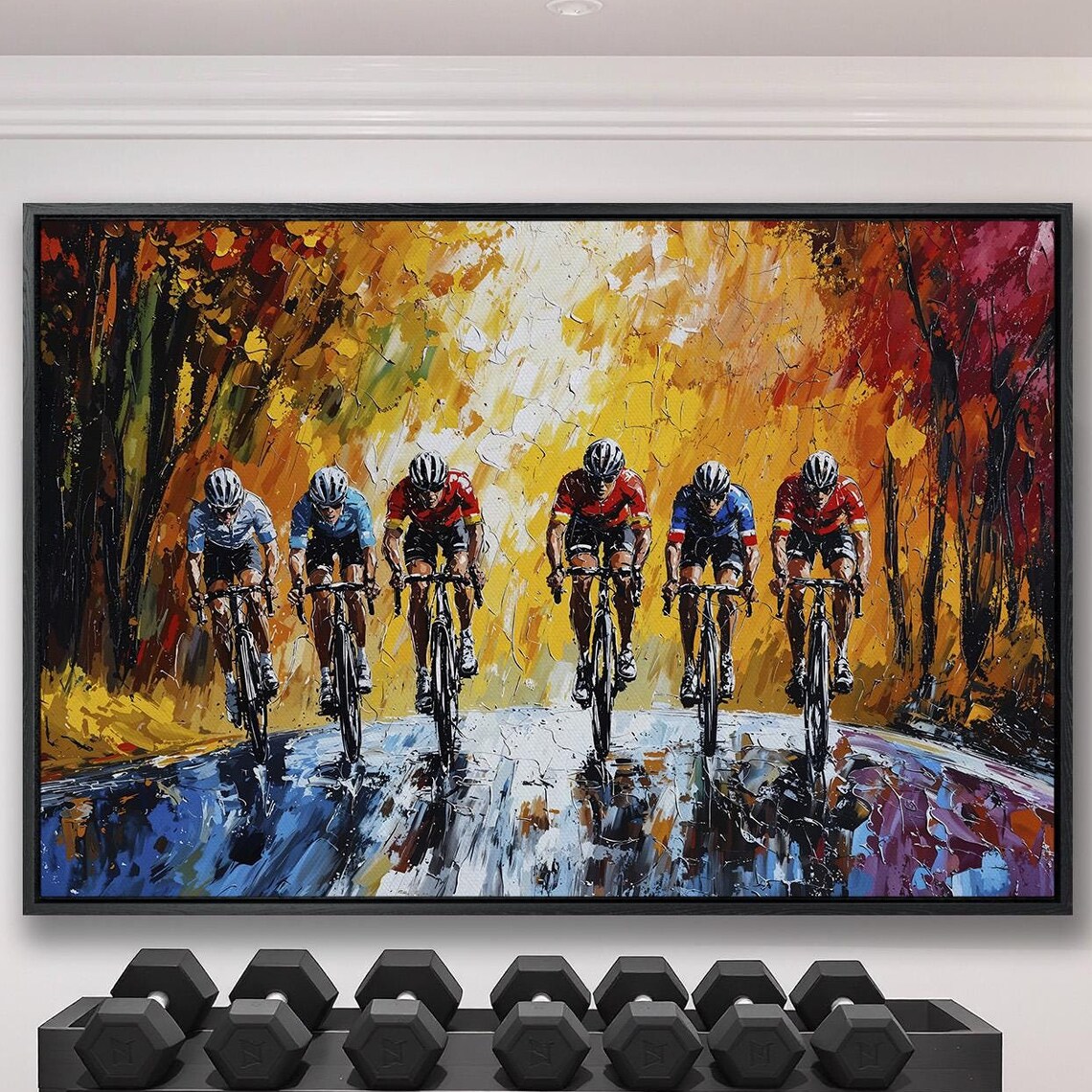 Cyclists Racing on Wet Road Through Golden Autumn Impasto Poster