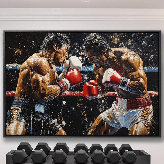 Exciting Boxing Match Framed Canvas Wall Art Boxers Painting Print Man Cave Decor Sports Artwork Motivational Poster Ready To Hang