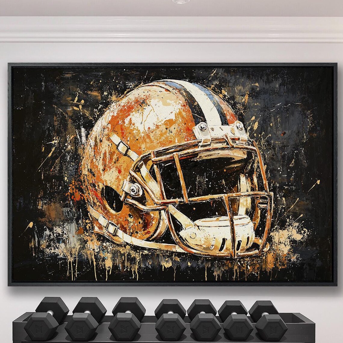 Abstract Gold Football Helmet Black Splatter Modern Sports Art Poster