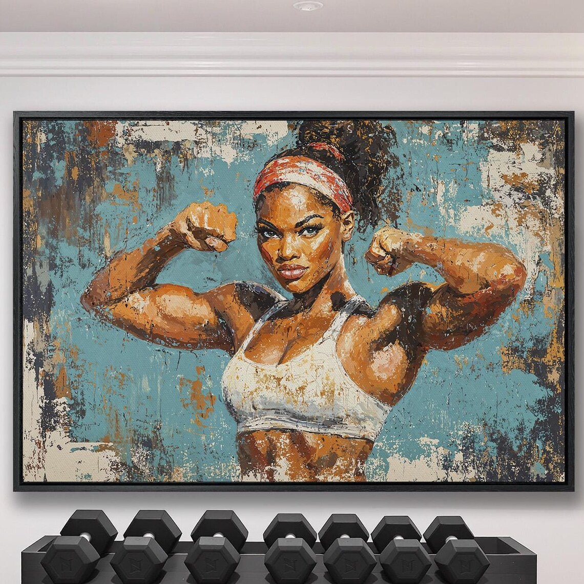 Muscular Black Woman Flexing Biceps Against Vibrant Teal Backdrop Poster