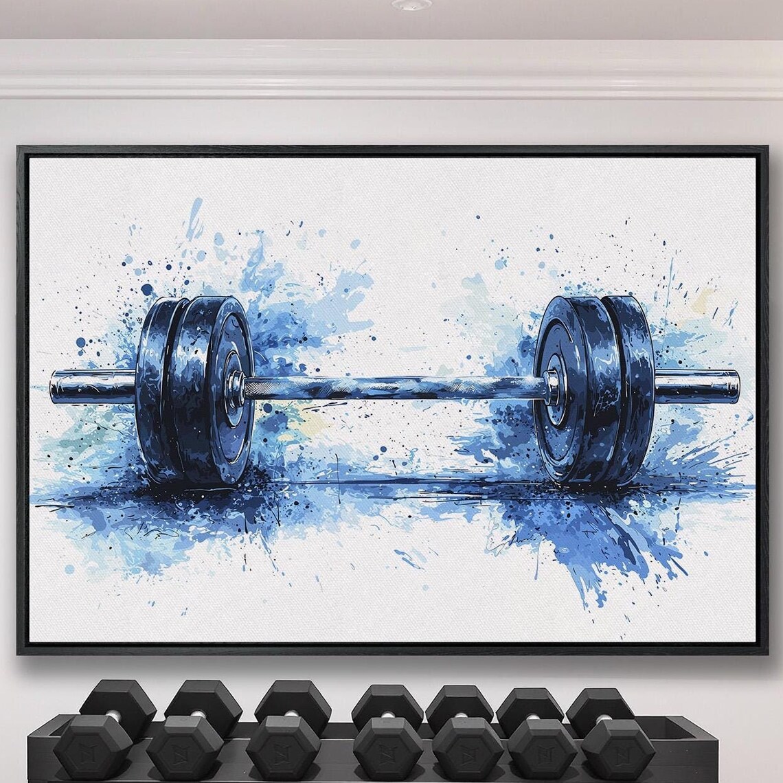 Blue Watercolor Barbell on White with Paint Splatter Fitness Poster