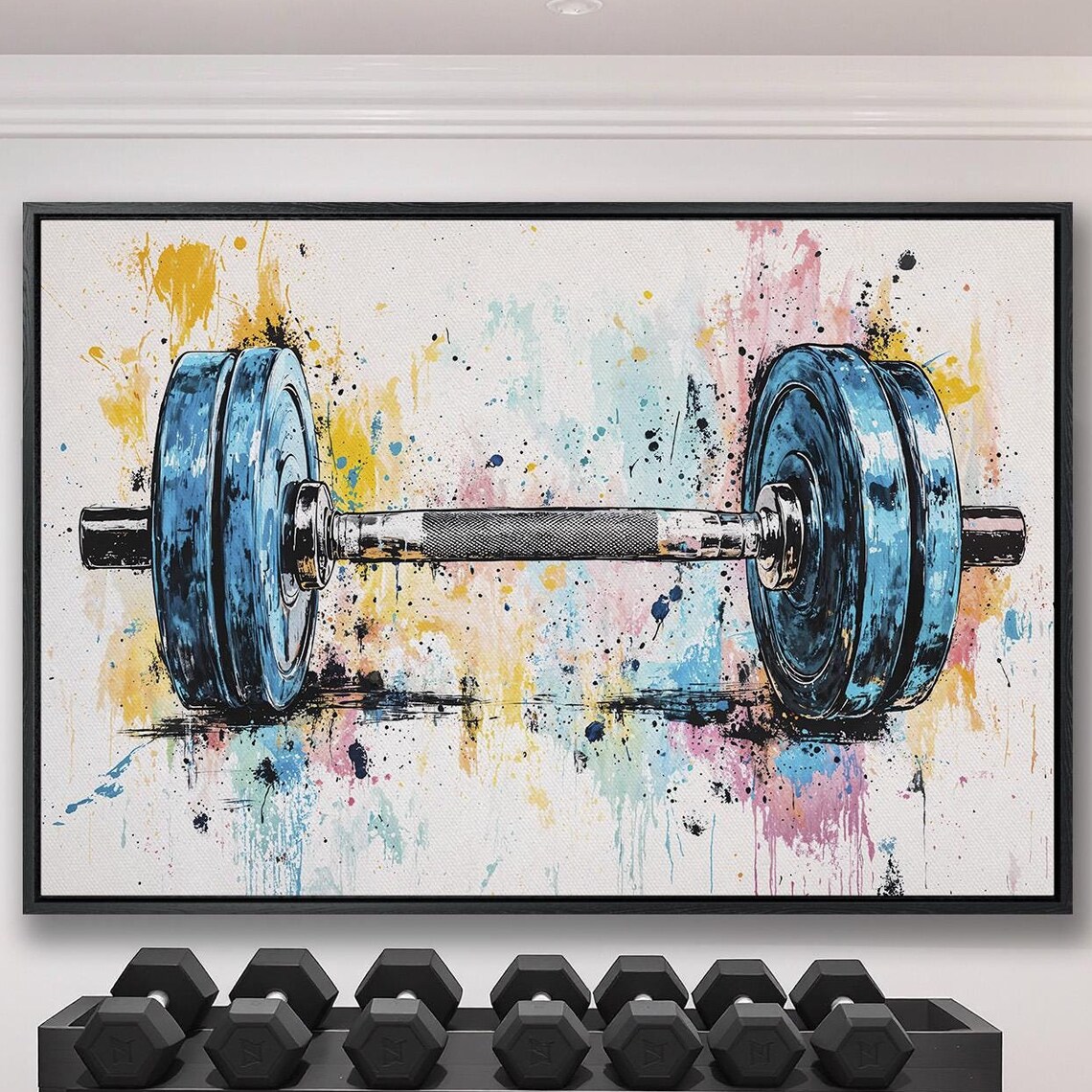 Watercolor Barbell With Blue Plates Paint Splatter Gym Poster