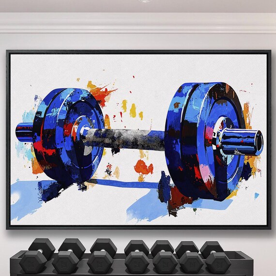 Dramatic Close Up Blue Dumbbell With Bold Paint Splashes Gym Poster