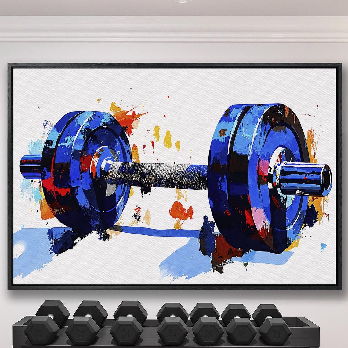 Dramatic Close Up Blue Dumbbell With Bold Paint Splashes Gym Poster