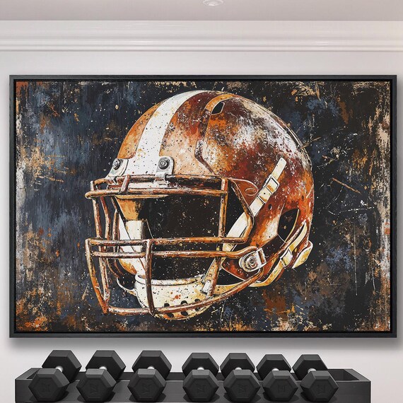 Burnt Orange Football Helmet Grunge Splatter Style Sports Poster
