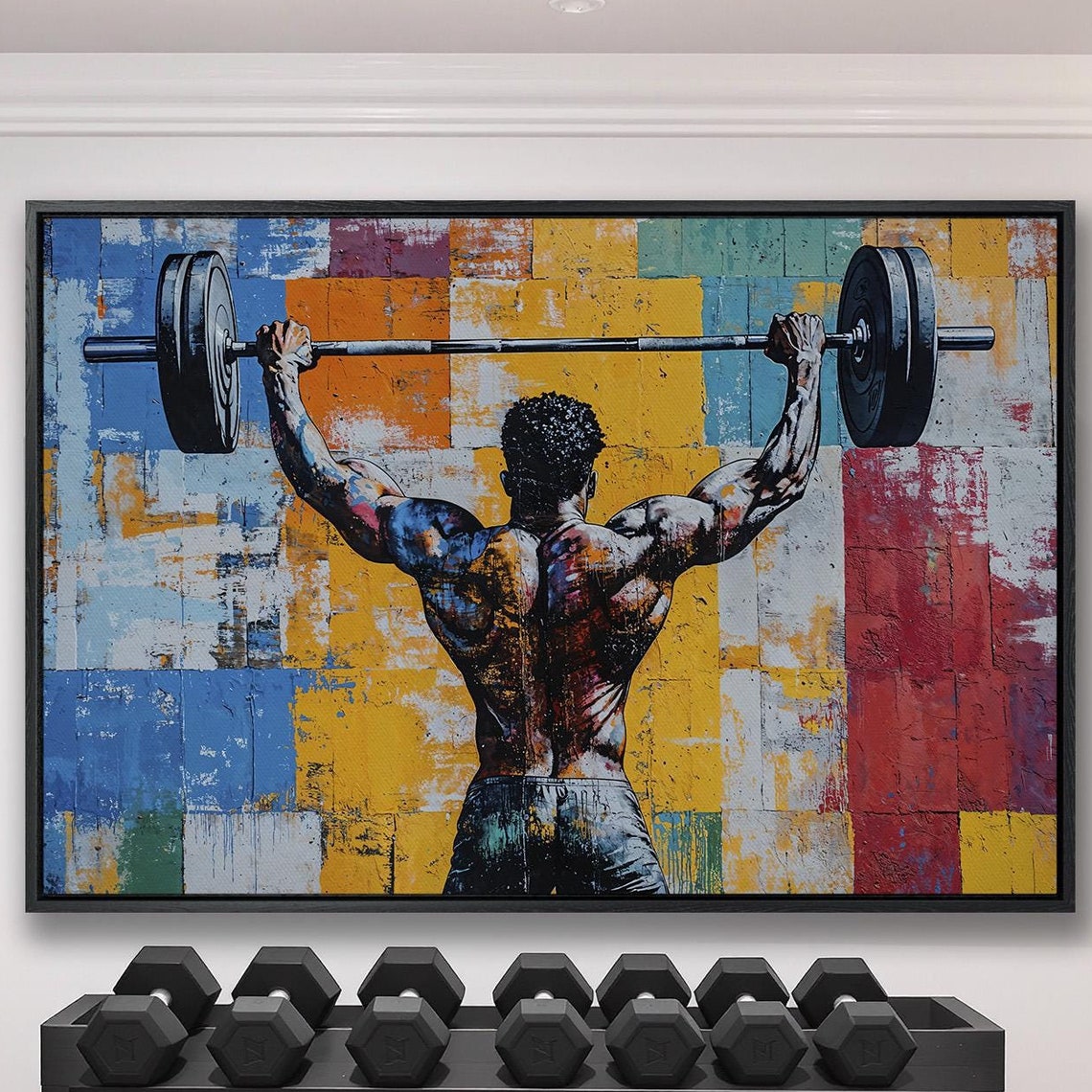 Man Pressing Barbell Overhead Back View Bold Color Block Poster
