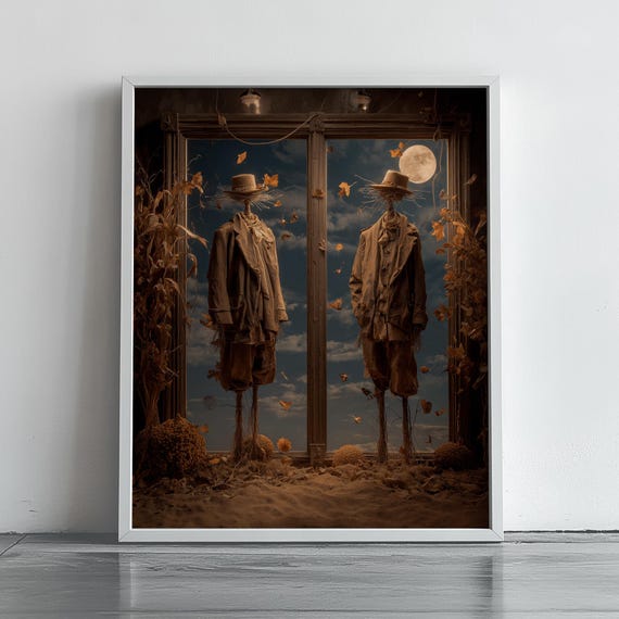 Spooky Scarecrows At Moonlit Window Autumn Corn Stalks Halloween Art Poster