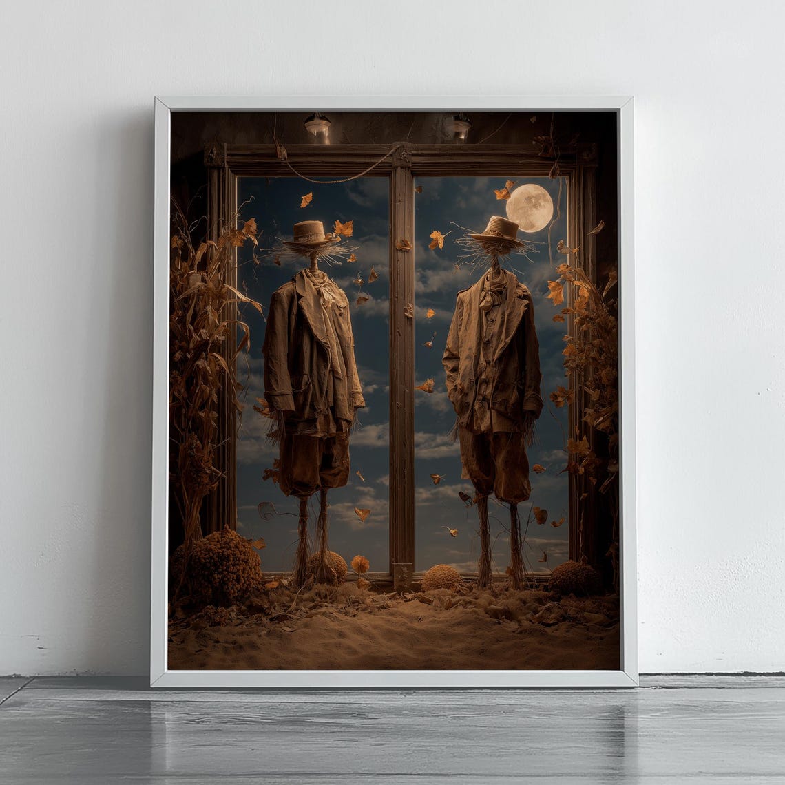 Spooky Scarecrows At Moonlit Window Autumn Corn Stalks Halloween Art Poster