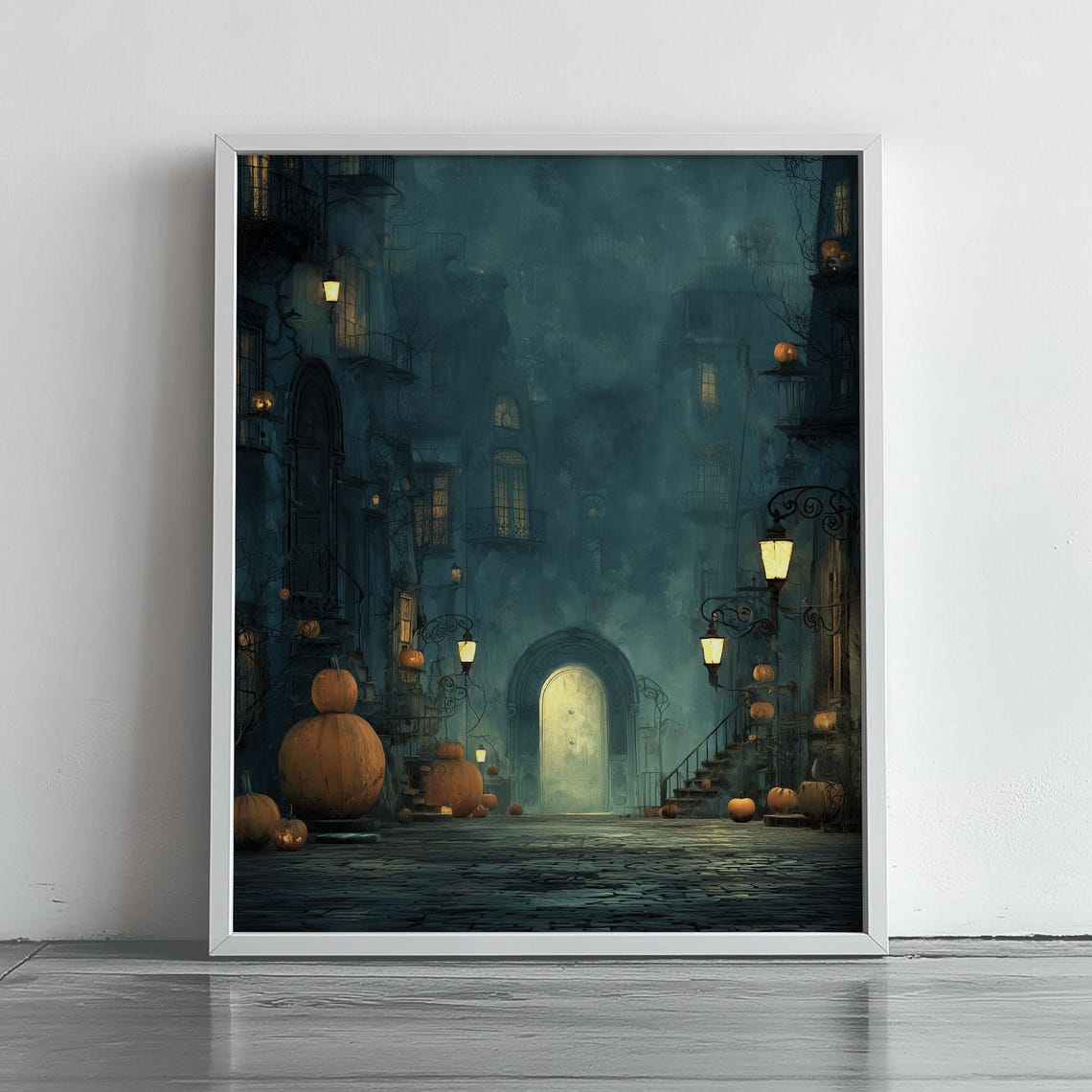 Spooky Halloween Street With Pumpkins and Lanterns Night Art Poster