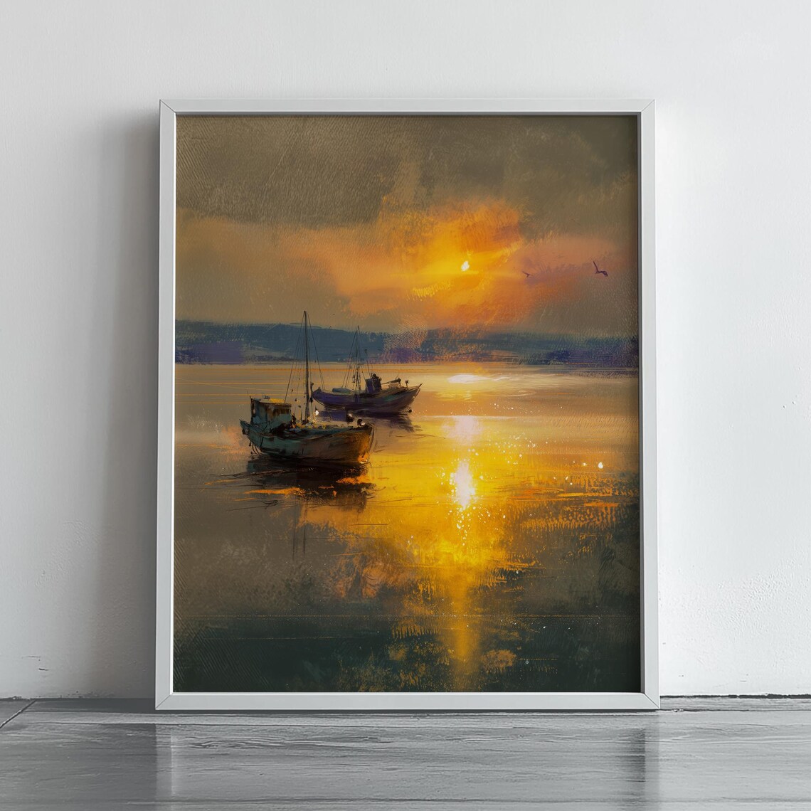 Romantic Sunrise Fishing Boats at Sea Turner Style Seascape Poster