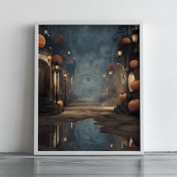 Spooky Pumpkin Lit Street At Night Giant Eyes Surreal Halloween Art Poster