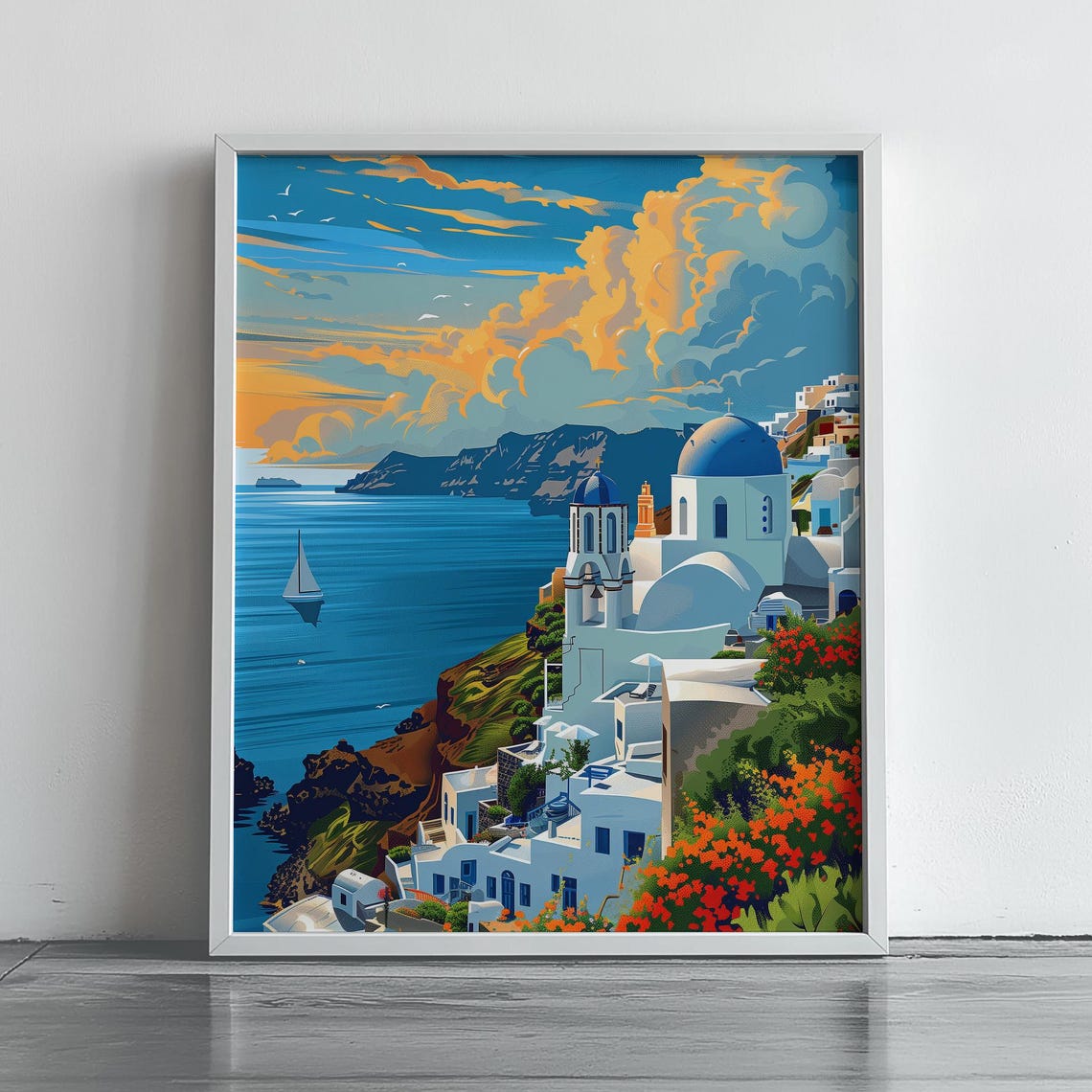Santorini Greece White Blue Dome Churches Aegean Sunset Travel Poster
