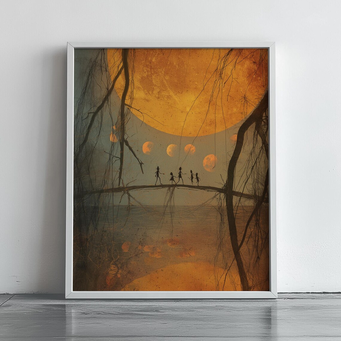 Spooky Halloween Harvest Moon Poster with Silhouettes Walking on Branch