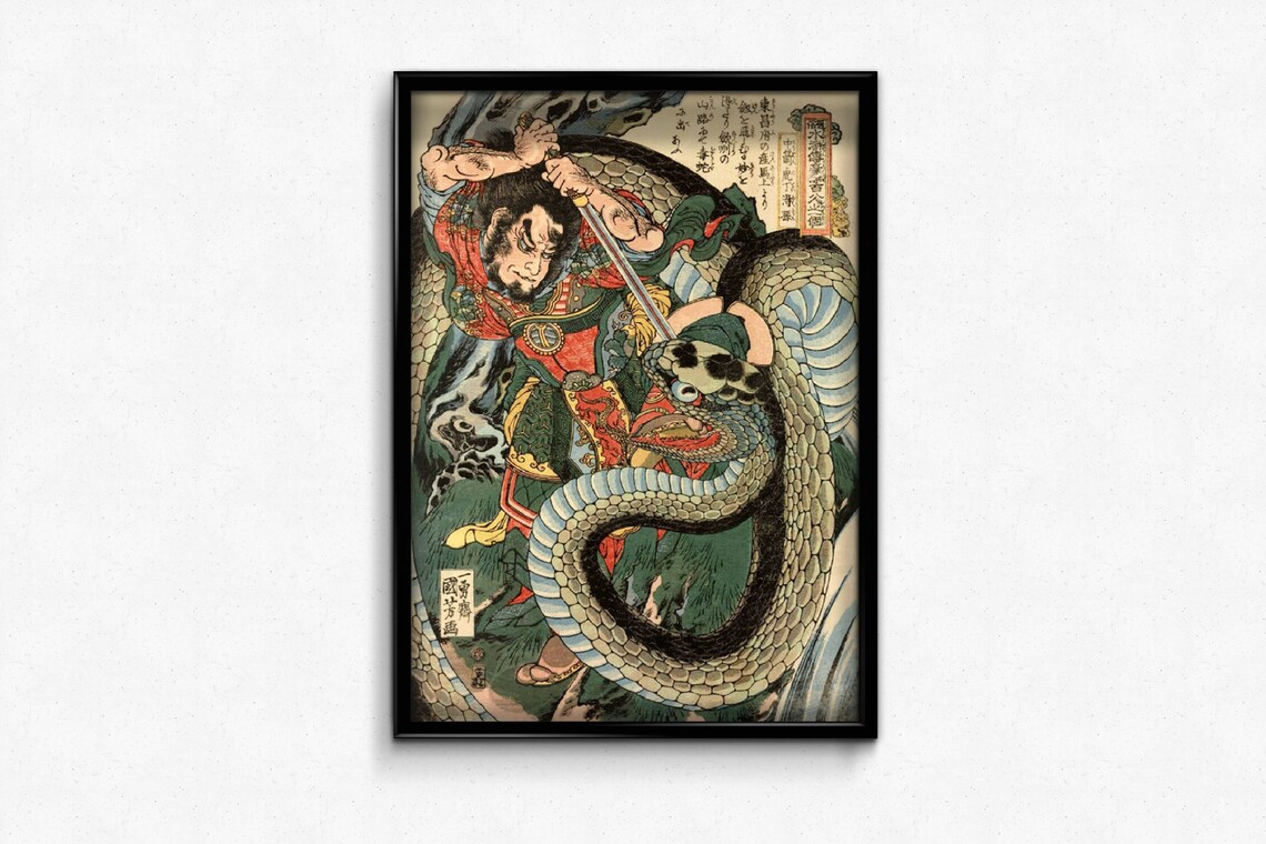 Japanese Samurai Vintage Poster, Kuniyoshi Woodblock Print - Image 3