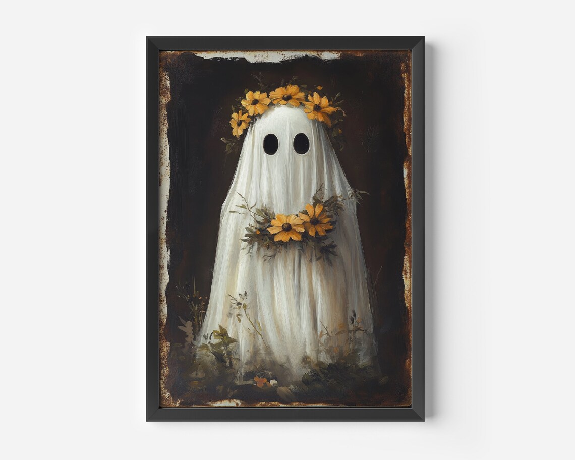 Ghost With Yellow Flower Wreath, Halloween Poster - Image 3