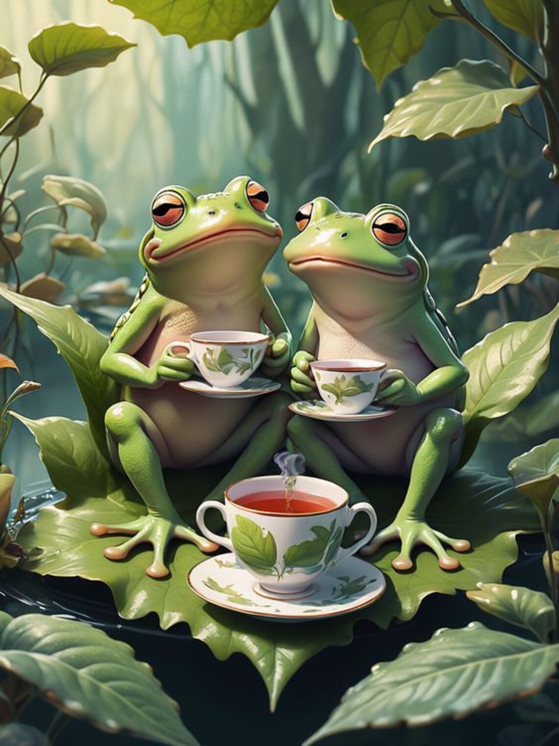 Two Frogs Enjoying Afternoon Tea on a Lily Pad Whimsical Art Print - Image 2