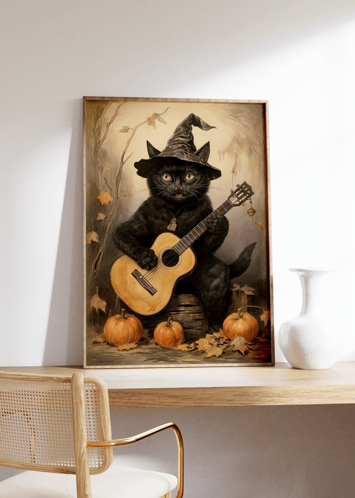 Black Cat in Witch Hat Playing Guitar Halloween Autumn Art Poster - Image 4