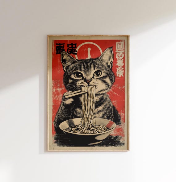 Retro Japanese Cat Eating Ramen, Japanese Kitchen Poster