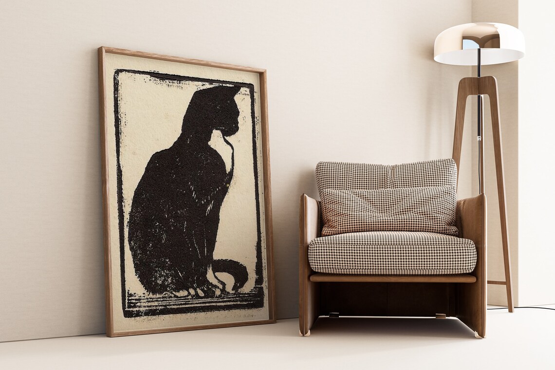Black Cat Silhouette Linocut Style Minimalist Vintage Poster - Image 3