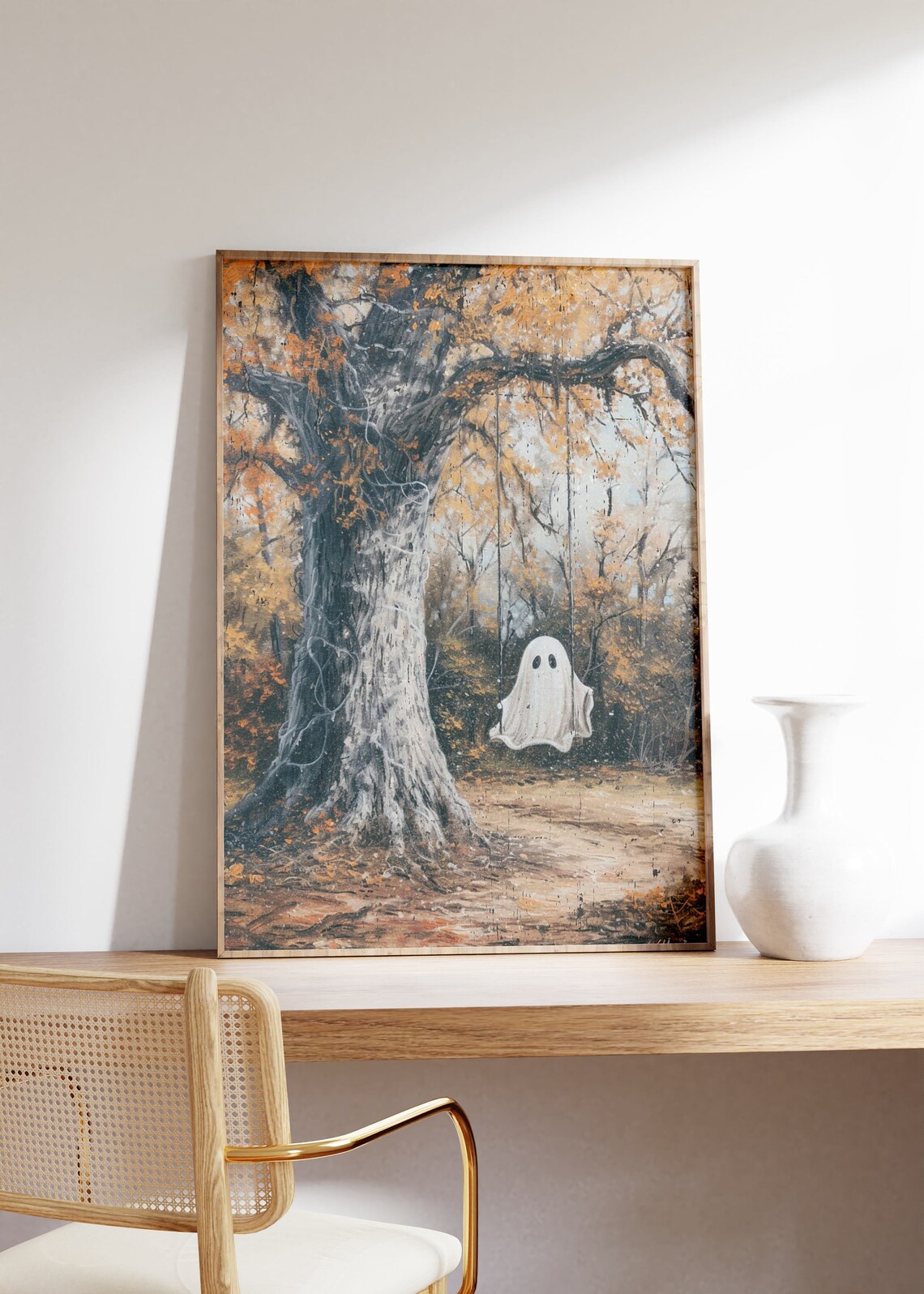 Cute Ghost On Swing Under Autumn Tree Fall Halloween Art Poster - Image 3