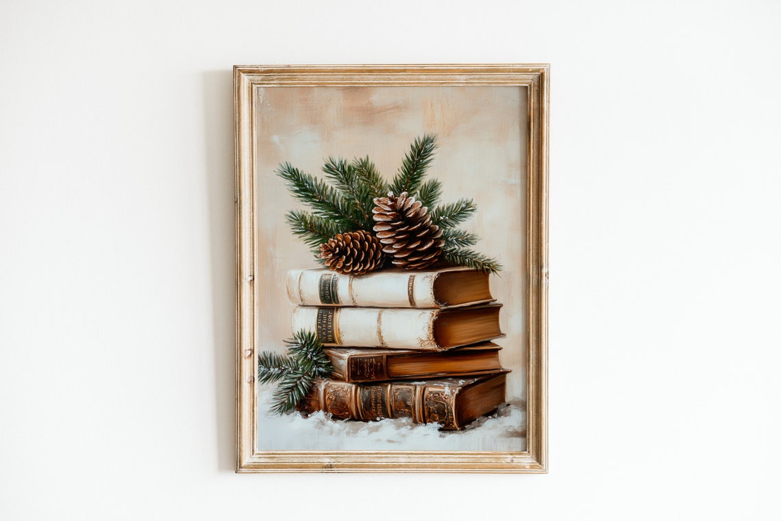 Vintage Old Books and Pine Cones Christmas Wall Art Print - Image 2