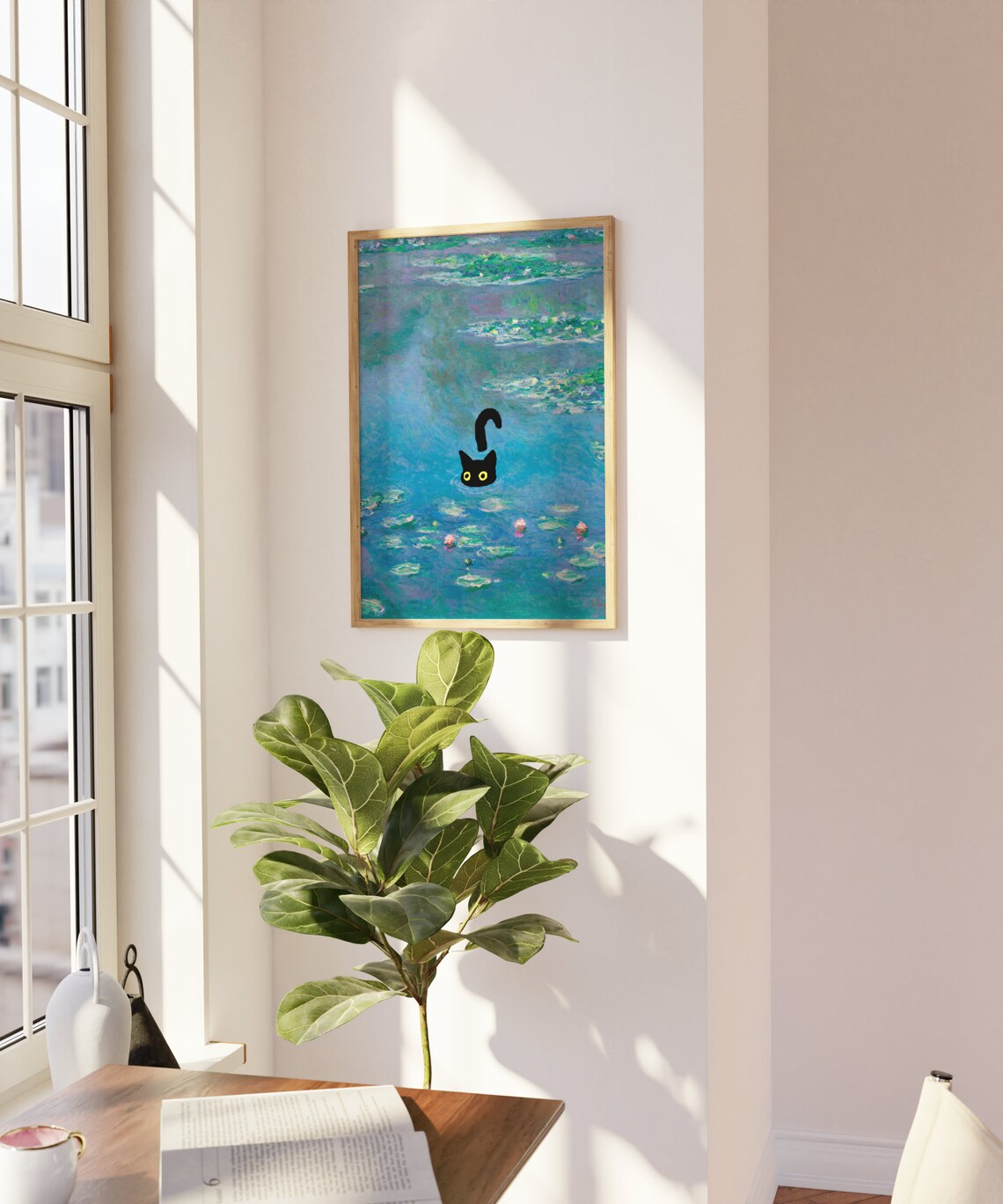 Funny Black Cat Swimming in Water Lily Pond Fine Art Parody Poster - Image 2