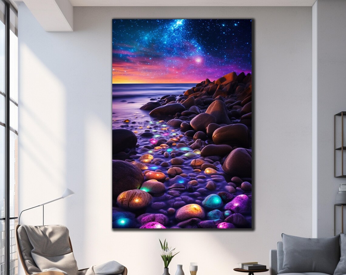 Milky Way Beach Glowing Neon Stones Starlit Night Ocean Art Poster