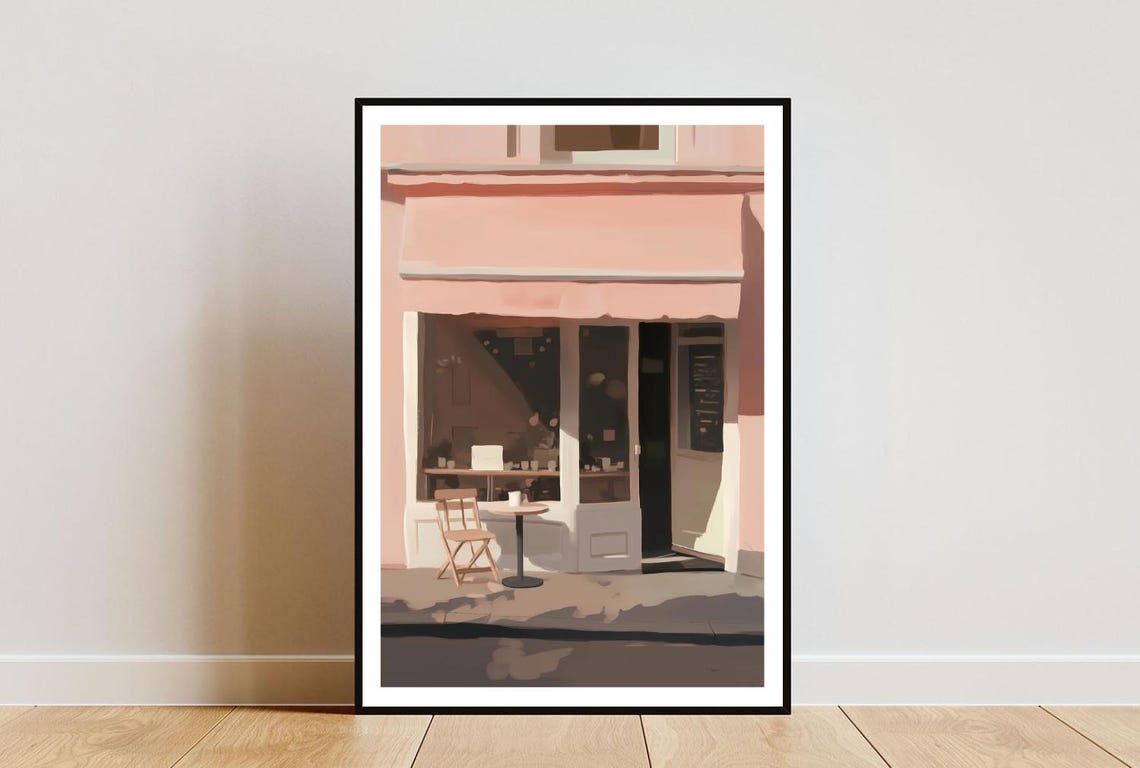 Pink French Cafe Storefront Poster with Awning and Outdoor Table Scene