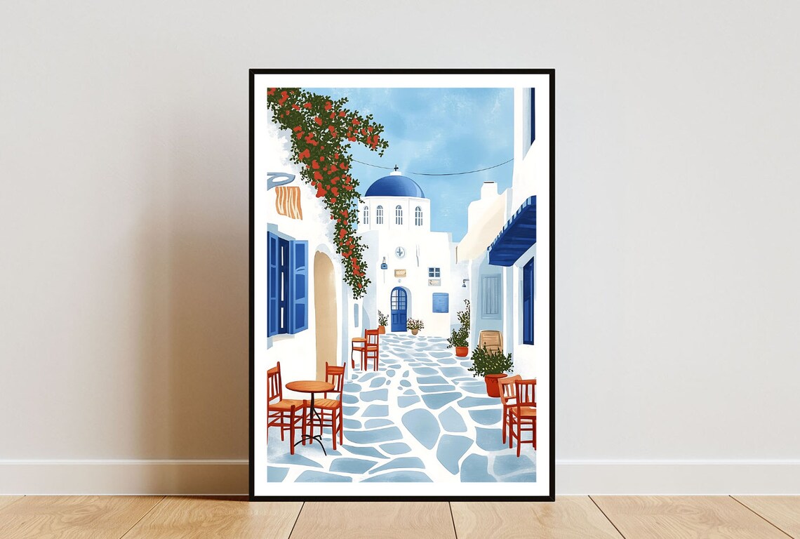 Paros Greece Whitewashed Alley with Blue Dome Church Flowers Poster