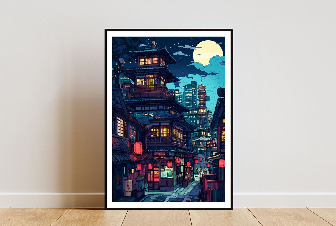 Tokyo Night City With Pagoda Full Moon And Lanterns Anime Poster