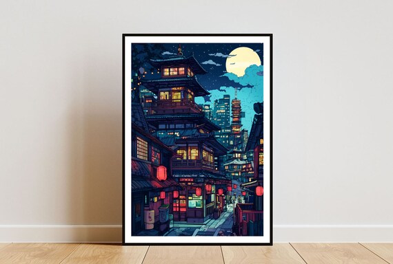 Tokyo Night City With Pagoda Full Moon And Lanterns Anime Poster
