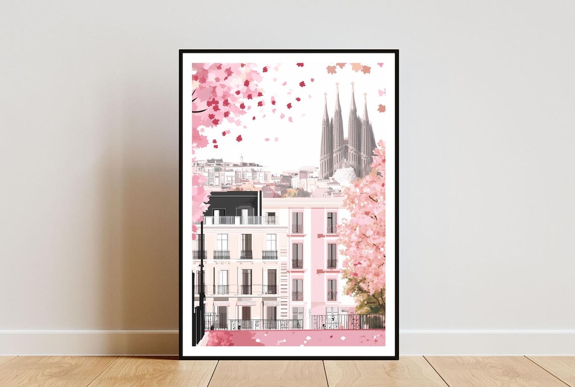 Barcelona Sagrada Familia Cathedral In Pink Cherry Blossom Poster