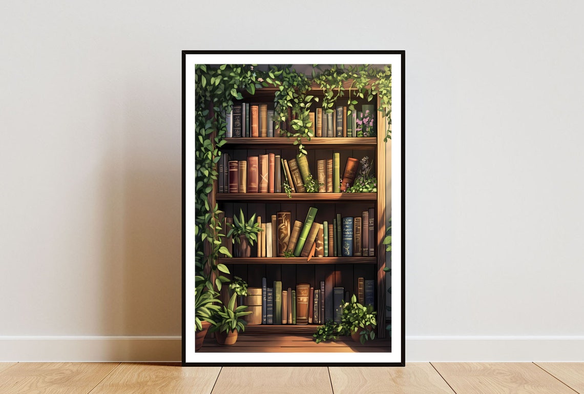 Boho Bookshelf with Trailing Plants and Vintage Books Poster