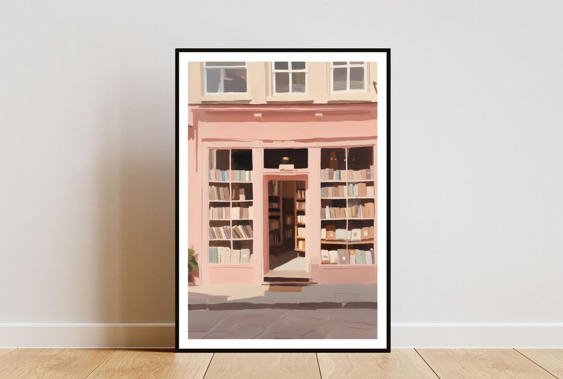 Pink Bookshop Storefront Illustration Poster with Cozy Open Doorway
