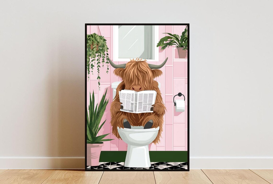 Highland Cow Bathroom Poster, Boho Wall Art Print