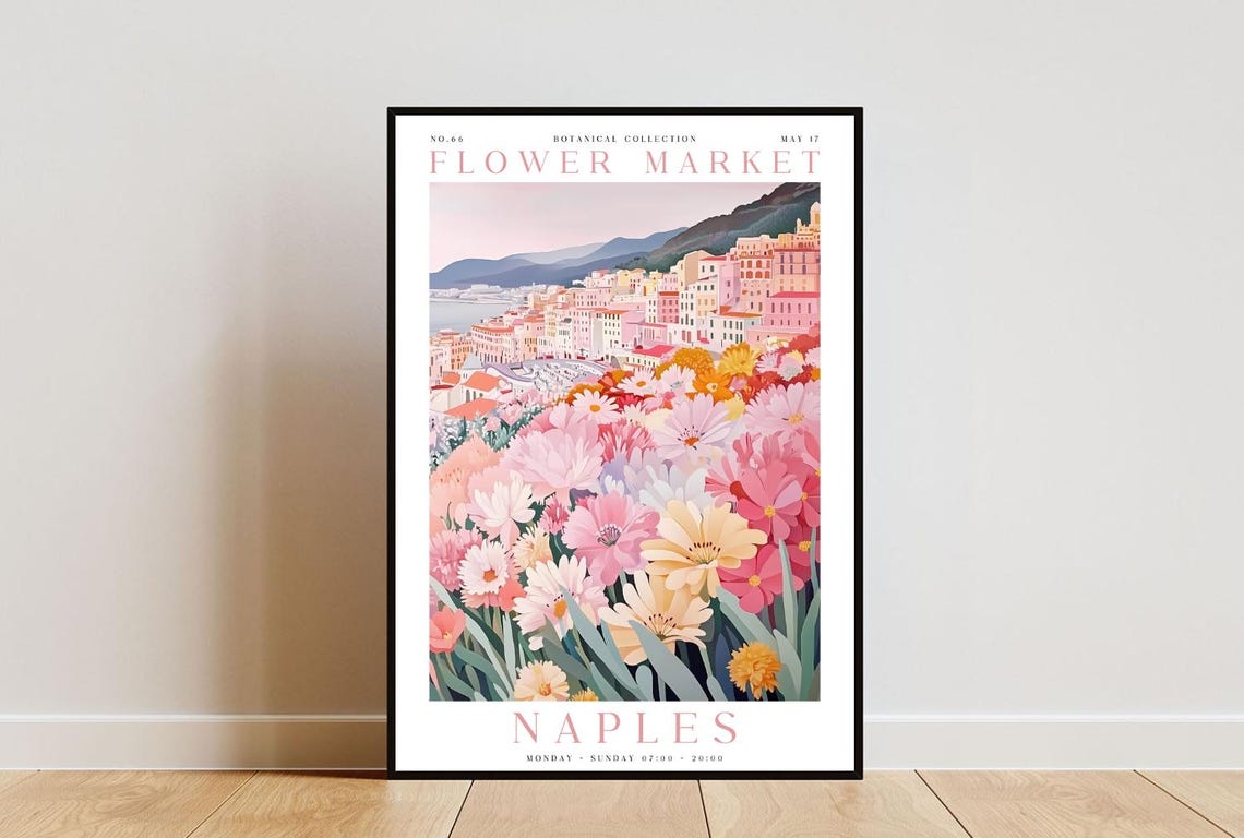 Naples Flower Market Poster Naples Poster Flower Market Print Flower Wall Art Botanical Poster Floral Wall Art Pink Flower Poster