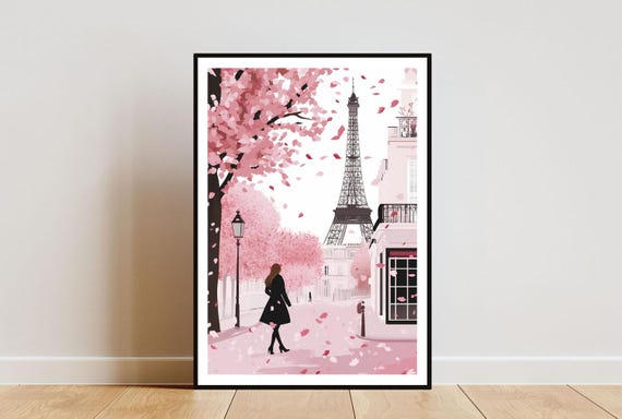 Paris Eiffel Tower Cherry Blossom Travel Poster