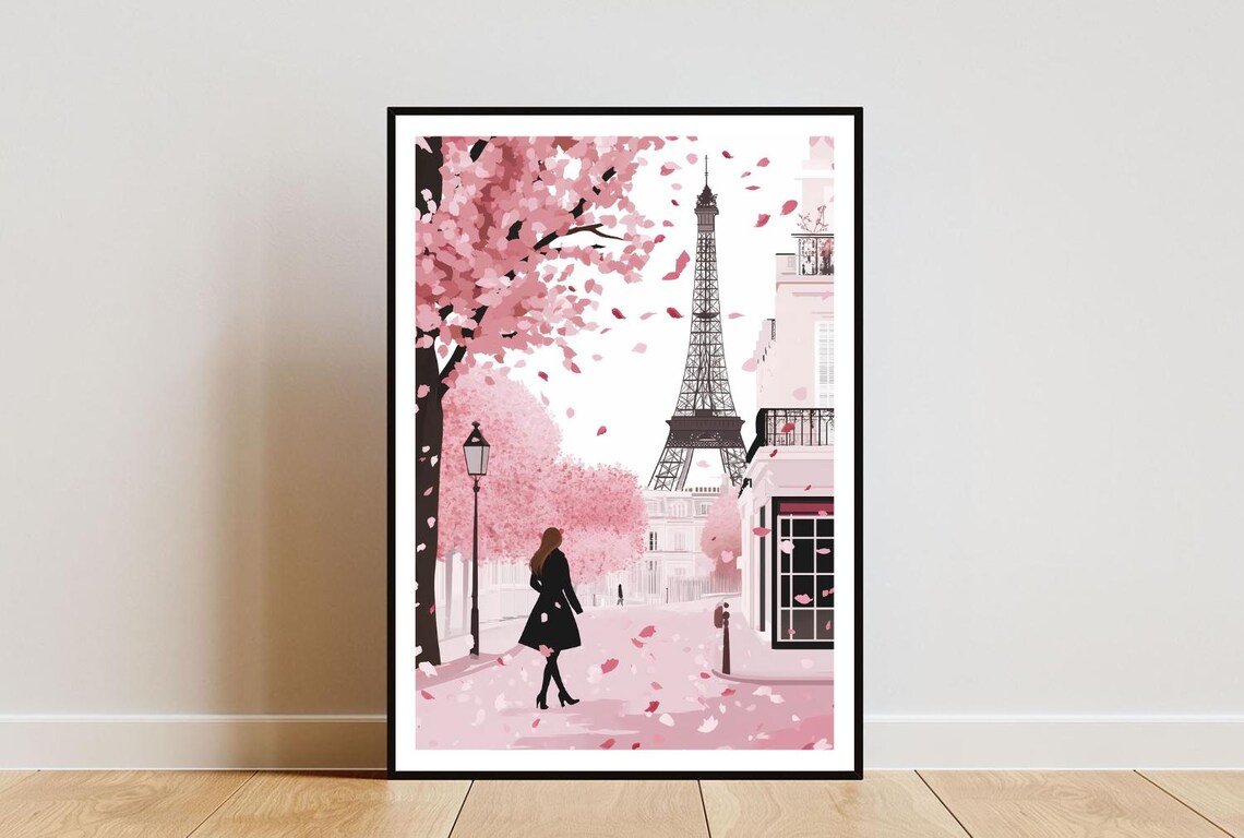 Paris Eiffel Tower Cherry Blossom Travel Poster