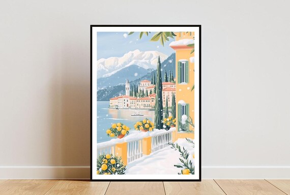 Lake Como Winter Art Print Snowy Italian Lakeside Travel Wall Decor Scene